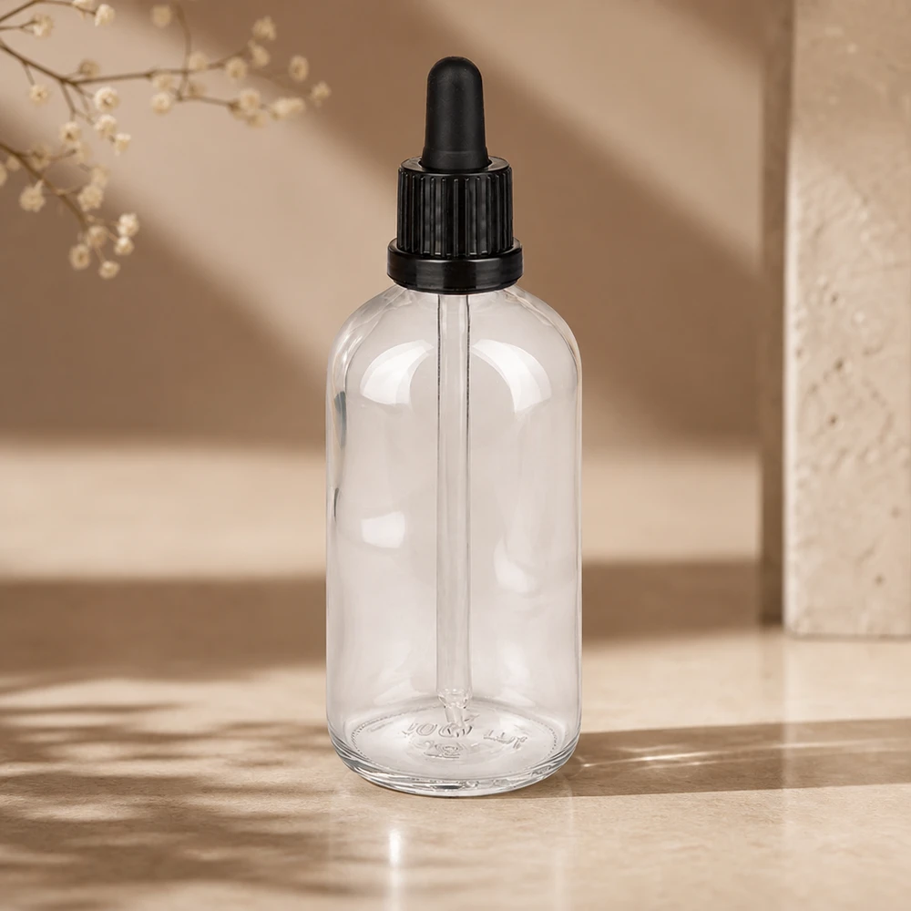 100 ml pipetteflaske sort OV ClearLine UT18/100 100 ml dråbeflaske i klart glas, Boston Round-form, med sort pipettehætte, ClearLine UT18