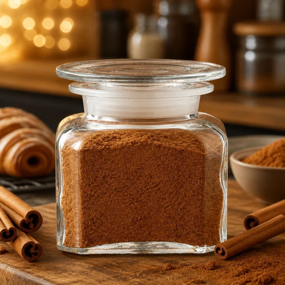 Idé til krydderiglas: Firkantet apotekerflaske 100 ml med bred hals Kanelpulver i en firkantet apotekerflaske på 100 ml med bred hals og gennemsigtigt plastlåg på et træbræt