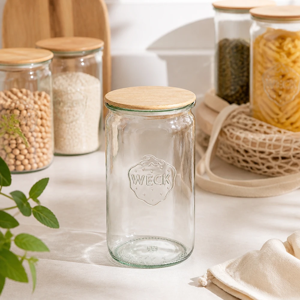 340 ml cylinderglas WECK RR60 med trælåg WECK cylinderkrukke 340ml RR60 tom gennemsigtig med trælåg i moderne køkkenudstyr med opbevaringskrukker
