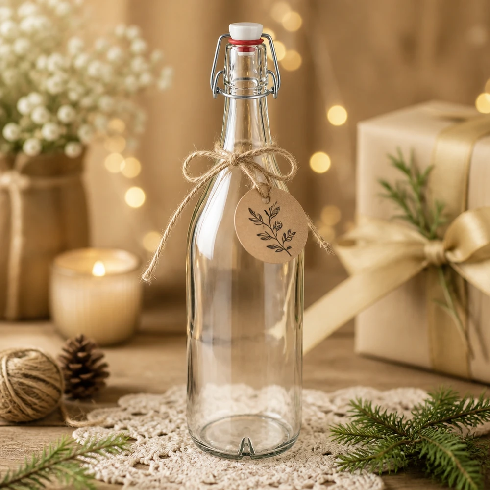 1000 ml glasflaske og hængelåg i PVC UNiTWIST 1000 ml glasflaske med PVC-svingtop dekoreret til jul med gavemærke rustik vinterdekoration