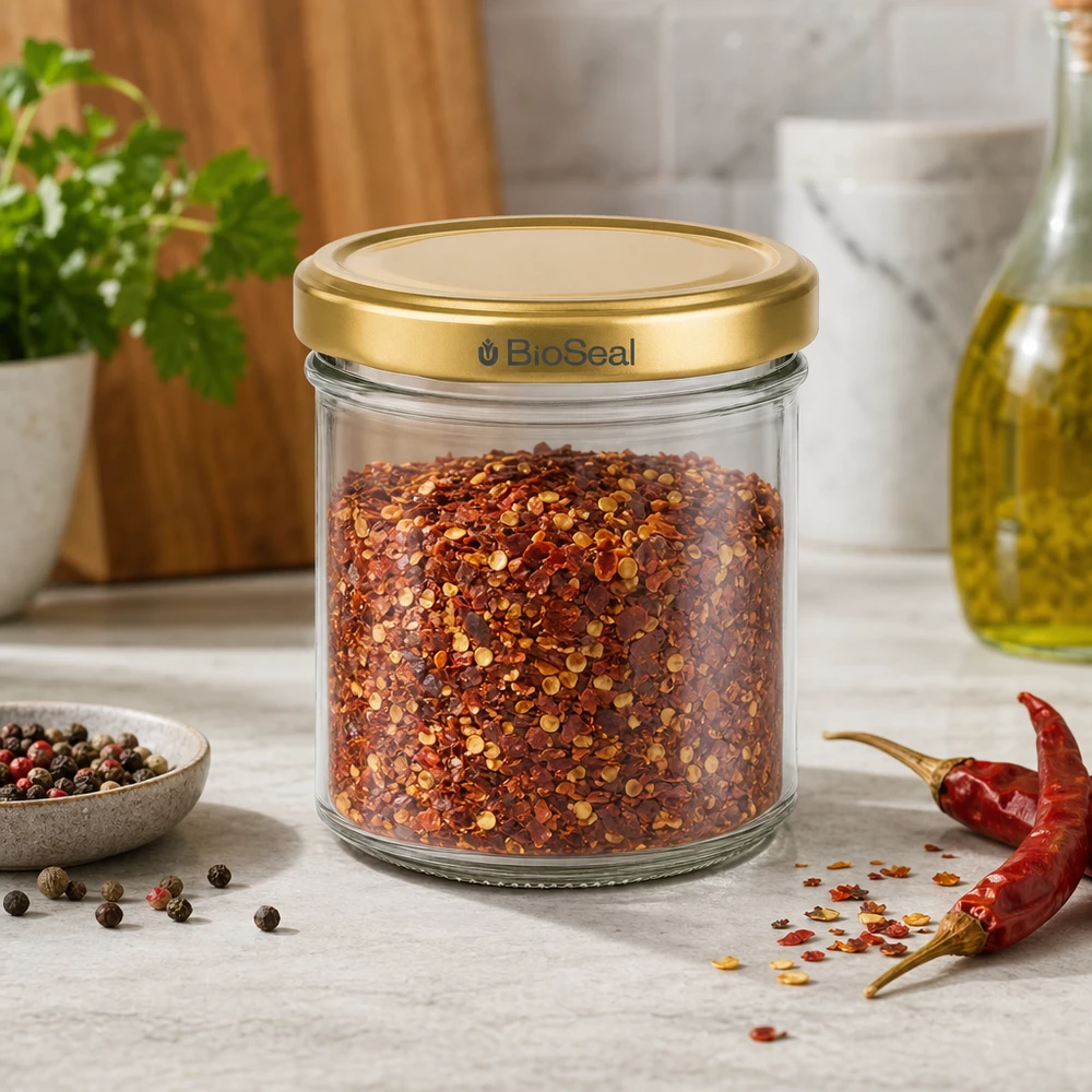 200 g honningglas med gyldent BioSeal UNiTWIST-låg BioSeal 200 g krydderikrukke fyldt med chiliflager gyldent låg Køkkenscene med peberkorn og chili