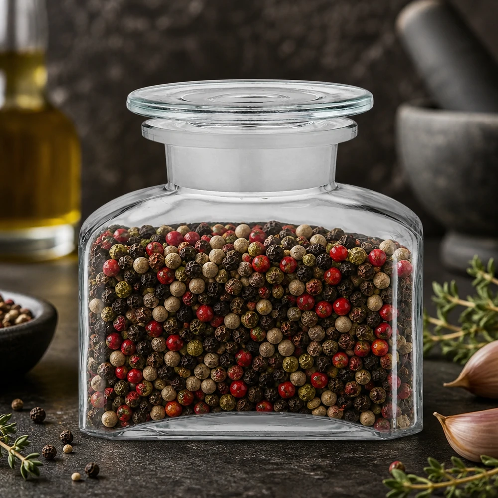 Idé til krydderiglas: Firkantet apotekerflaske 150 ml med bred hals Gennemsigtig apotekerflaske med bred hals, 150 ml, fyldt med en farverig peberblanding i rød, grøn, sort og hvid