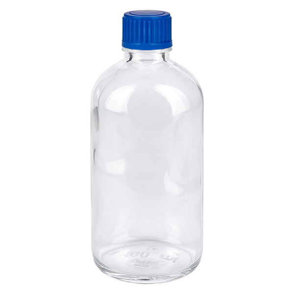100 ml flaske 11 mm SV blå STD ClearLine UT18/100 100 ml glasflaske med blå skruelåg, ClearLine UT18, gennemsigtigt klart glas