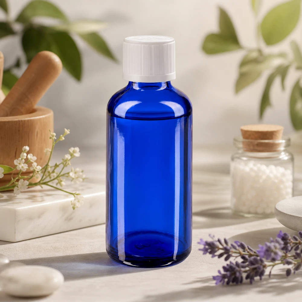 Apoteksflaske blå 50ml dråbetæller hvid KiSi St Blå glasflaske på 50 ml med hvid skruelåg ved siden af en morter med lavendel og homøopatiske kugler