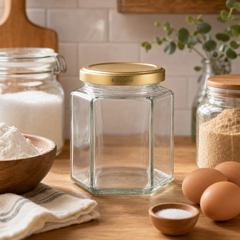 UNiTWIST Hexa390 med gylden D. TO70 BioSeal UNiTWIST Hexa390 tom opbevaringskrukke med gyldent BioSeal-låg i køkkenet med bageingredienser, mel, æg og krydderier