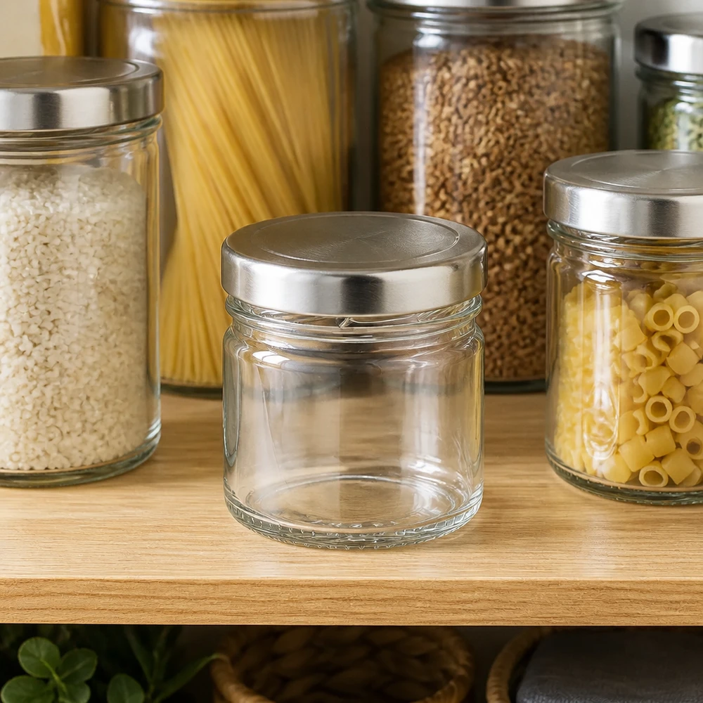 33 ml rund glasbeholder + BasicSeal-låg, sølvfarvet, UNiTWIST 33 ml rundt glas med BasicSeal-låg i sølv på forrådshylden mellem ris og pasta