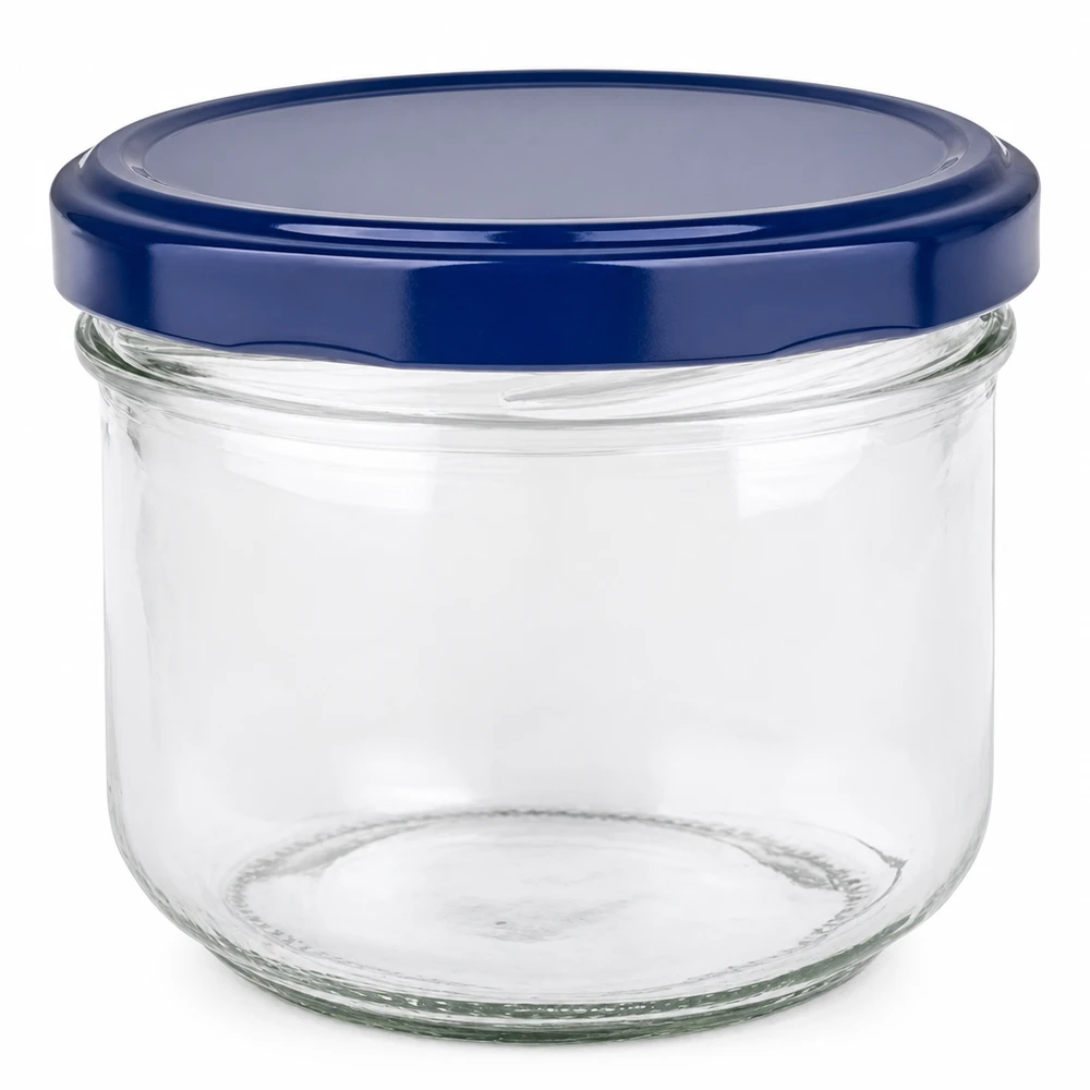 260 ml Briller + BasicSeal-låg blå UNiTWIST 260 ml murerbalje med blåt BasicSeal-låg UNiTWIST - tom murerbalje af klart glas med twist-off-låg
