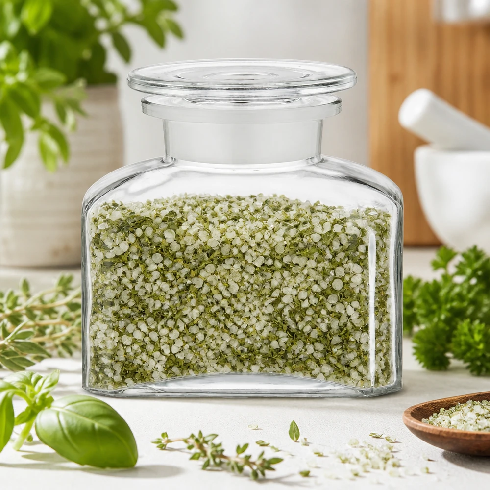 Idé til krydderiglas: Firkantet apotekerflaske 150 ml med bred hals En gennemsigtig glasbeholder på 150 ml fyldt med krydderisalt ved siden af en morter og friske køkkenurter