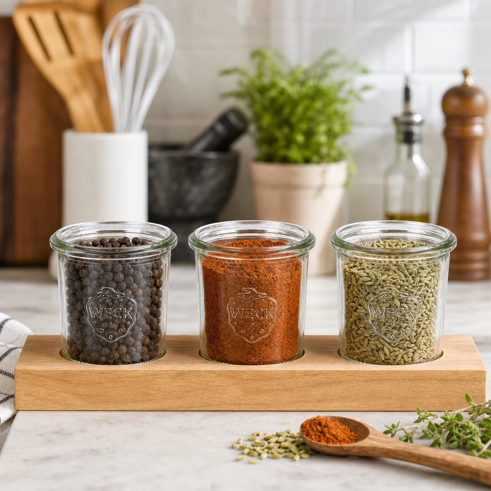 Serveringsbræt Plano3 med 3 Weck-glas med skruelåg, 140 ml Krydderier i WECK-bægre 140 ml på serveringsbræt Plano3 Peberkorn Paprika Fennikelfrø Køkkenorganisation