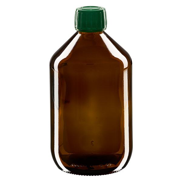 500 ml medicinflaske brun, hætte grøn med manipulationssikker ring ApoGlas. Farmaceutisk kvalitet fra EU-produktion. 28 mm (PP28) gevind. (sirup, lys glasflaske) 500 ml medicinflaske brun, hætte grøn med manipulationssikker ring ApoGlas. Farmaceutisk kvalitet fra EU-produktion. 28 mm (PP28) gevind. (sirup, lys glasflaske)