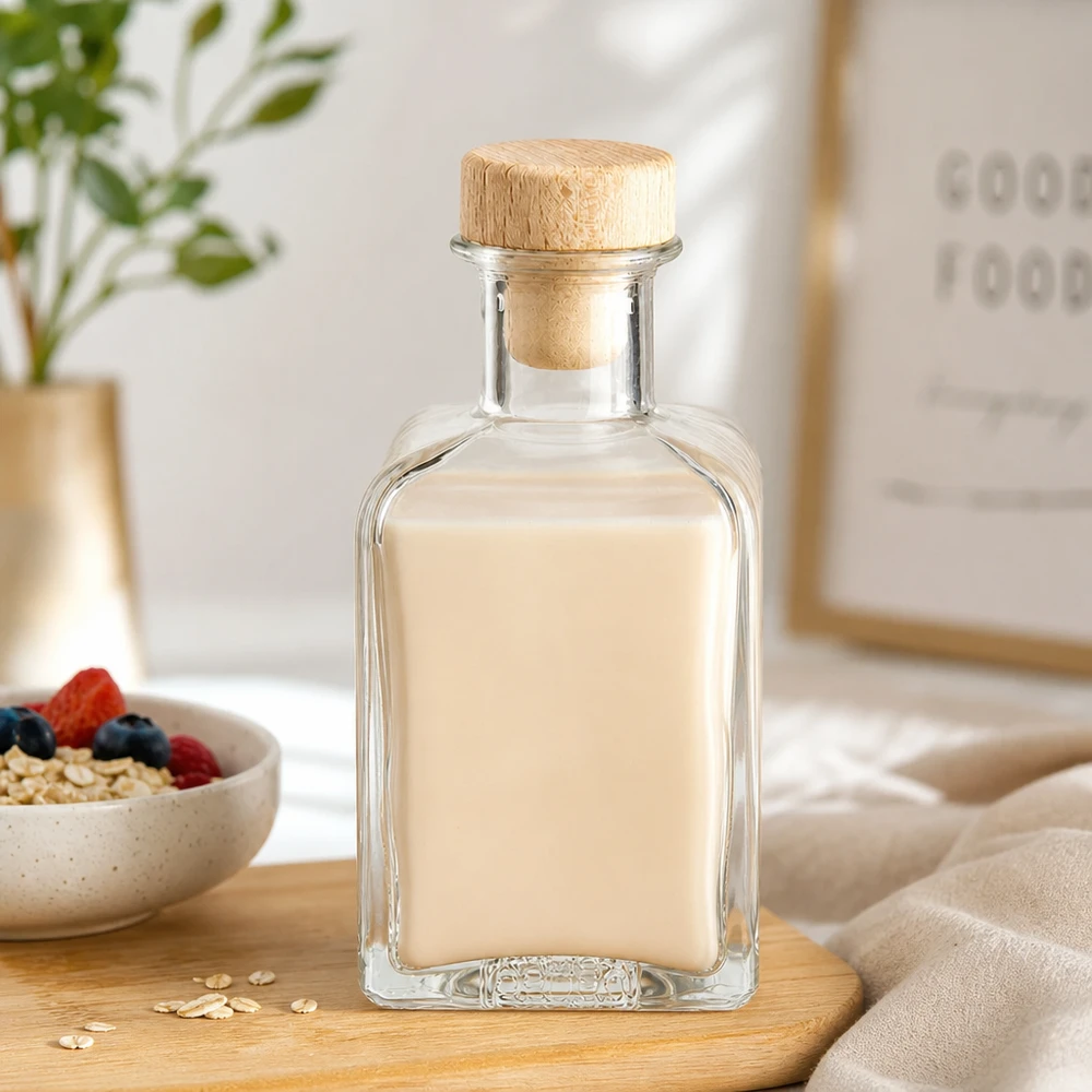 200 ml apoteksflaske »Clara« med træhåndtag og prop UNiTWIST® 200 ml glasflaske Clara fyldt med havremælk træprop kornskål bær havre sund ernæring morgenmad