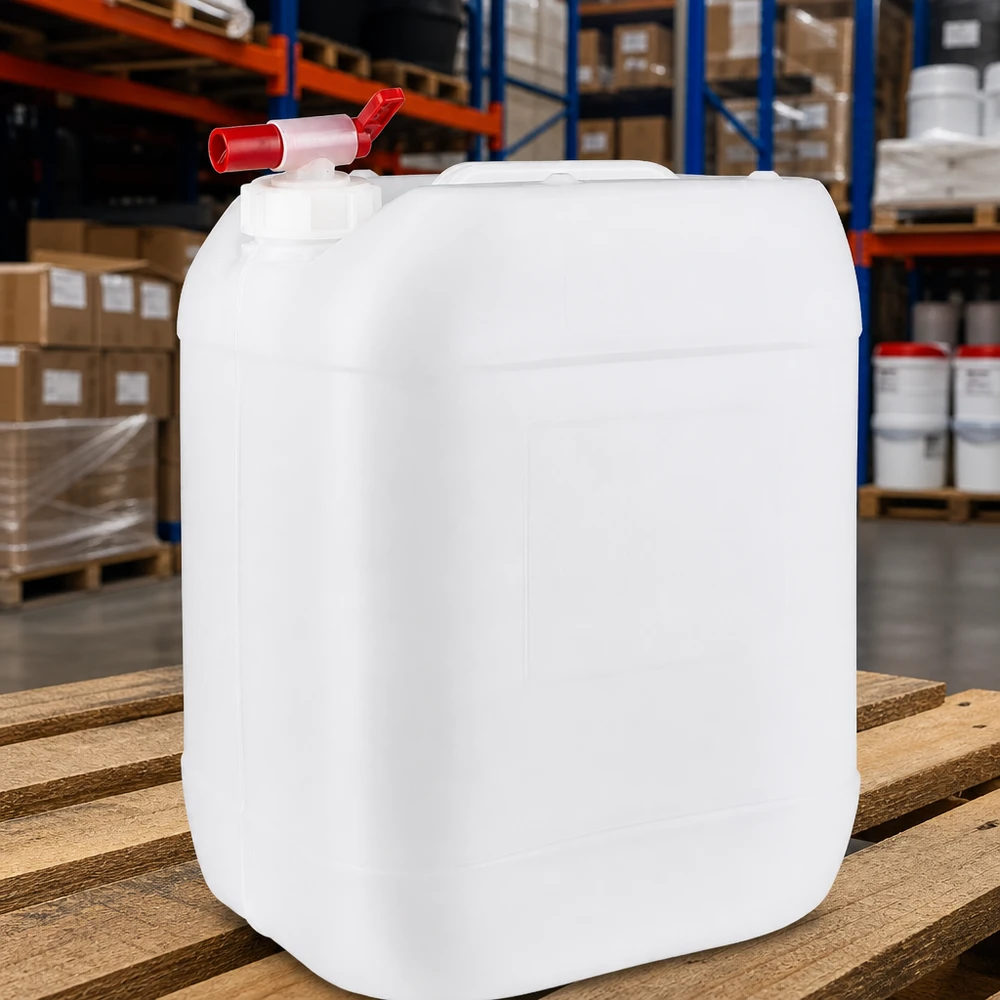 Beholder 20 liter med aftapningshane Tom hvid plastdunk på 20 liter med taphane på træpalle på lageret