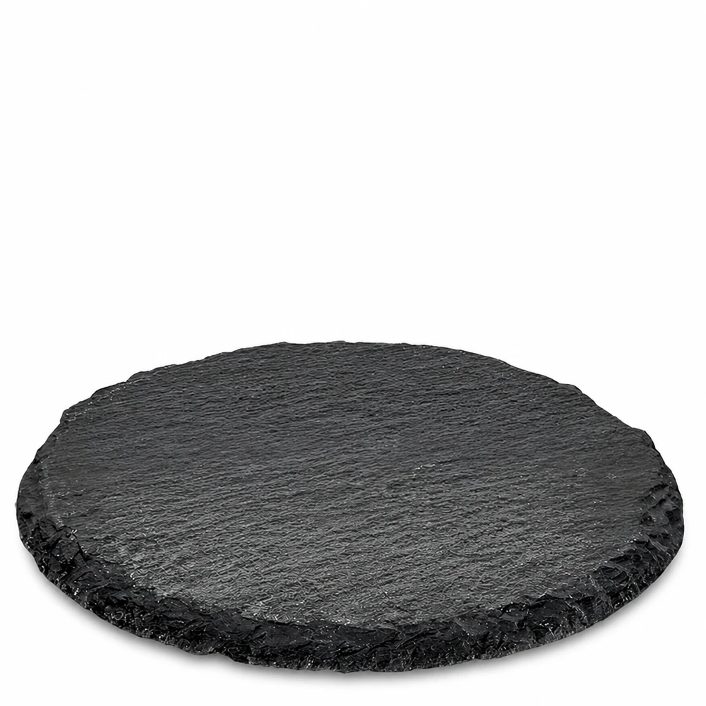 Serveringsfad i skifer, rundt Ø 150 mm Rundt sort skiferfad 15 cm i diameter som serveringsfad med naturstensstruktur og ru kant