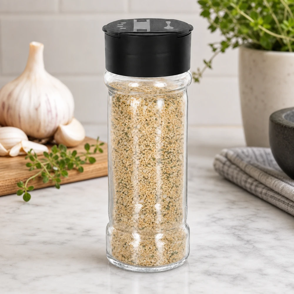 Salt-/krydderikrukke 100 ml med dobbelt strøer, sort Fyldt sesam-krydderiglas på 100 ml med sort dobbeltdæksel på marmorunderlag