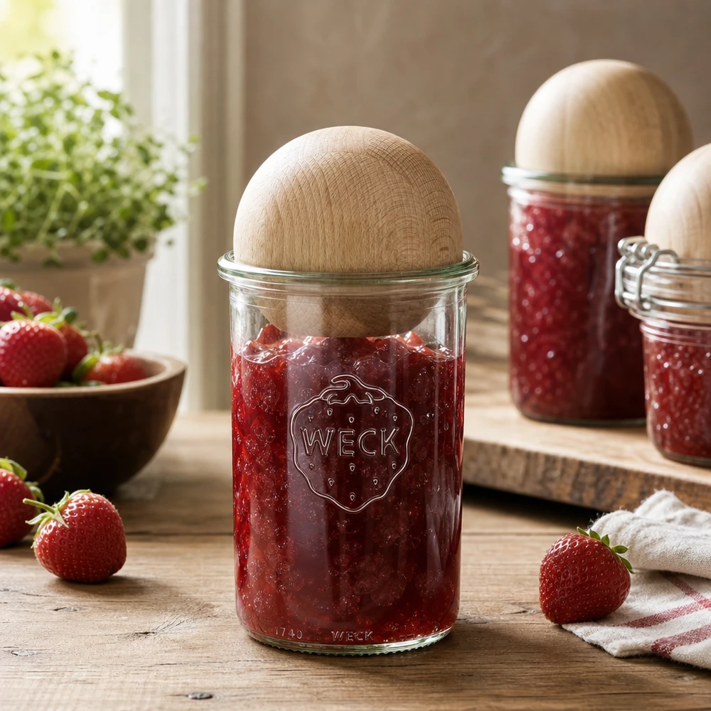 1000 ml Briller WECK RR100 med trækugle bøg WECK syltetøjsglas 1000 ml fyldt med jordbærmarmelade og kuglelåg af træ i rustikt køkken med friske jordbær