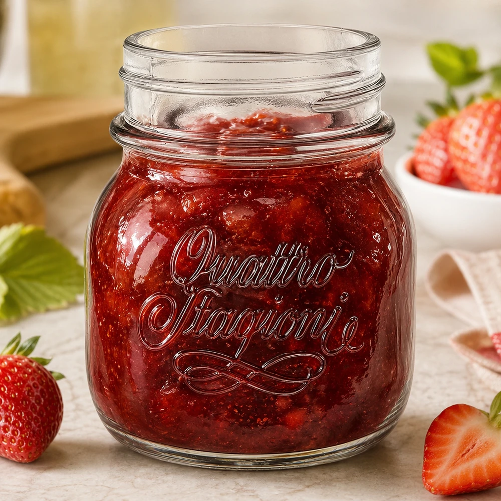 150 ml husholdningsglas "Quattro Stagioni" Husholdningskrukke Quattro Stagioni 150 ml fyldt med rød jordbærmarmelade ved siden af friske jordbær på træbord