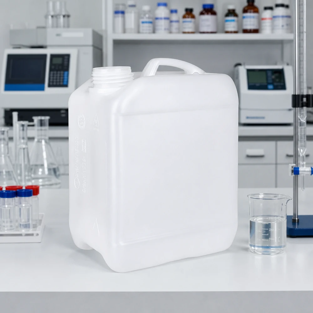 Beholder 2,5 liter uden hætte En rektangulær 2,5-liters dunk uden låg på en hvid laboratorieplade ved siden af et bægerglas