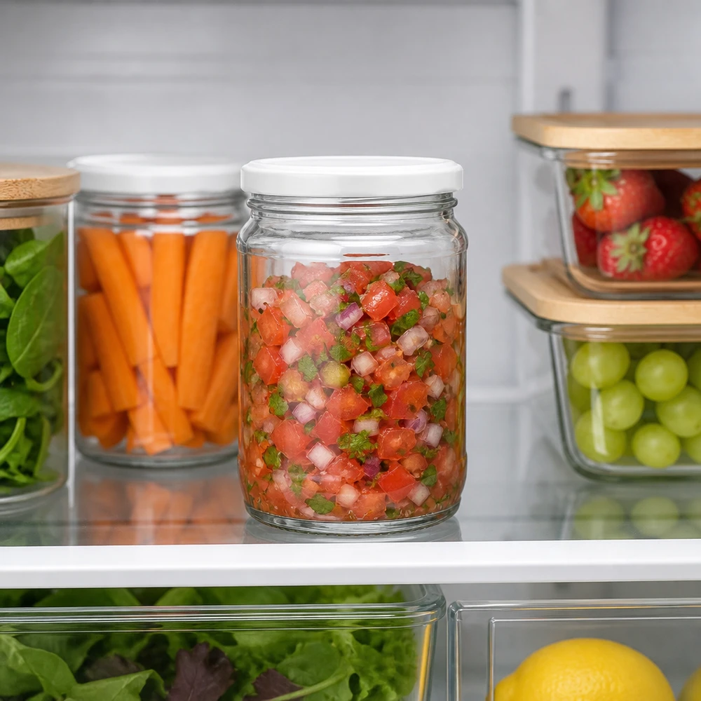370 ml rundt glas + BasicSeal hvid UNiTWIST 370 ml UNiTWIST rundt glas med BasicSeal-låg i hvidt, fyldt med frisk salsa i køleskabet