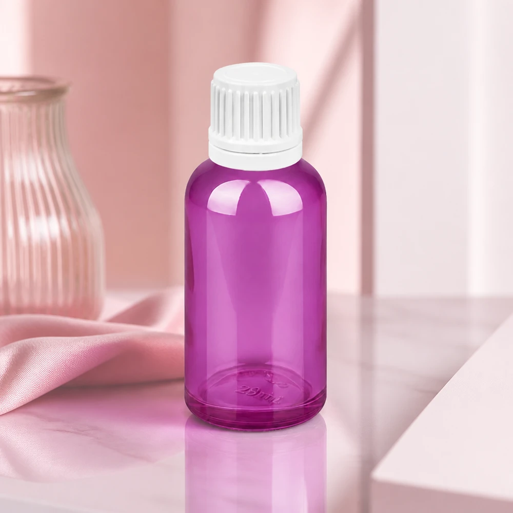 30 ml dråbeflaske 0,7 mm hvid Originality skruelåg PurpleLine UT18/30 30 ml violet dråbeflaske lavet af glas i høj kvalitet med præcis 0,7 mm dråbehætte