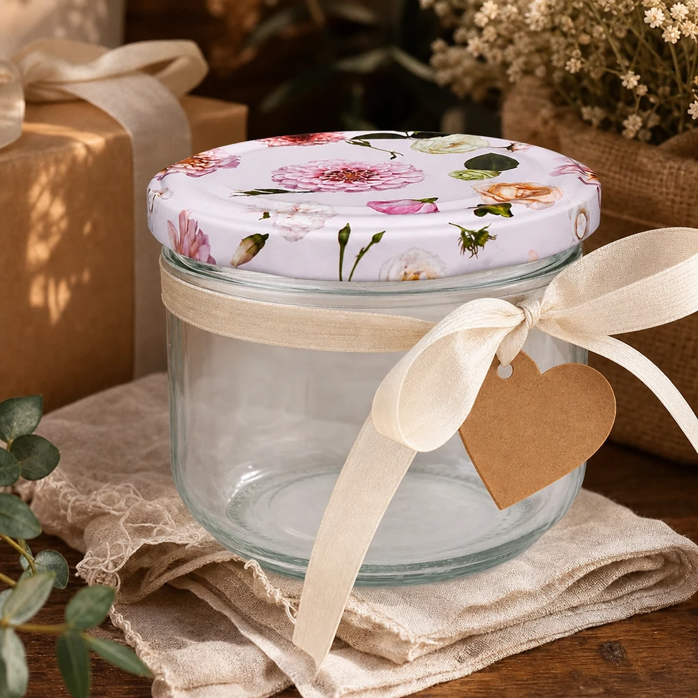 260 ml væltet glas + BasicSeal låg Blomst rosa UNiTWIST Sturzglas 260ml mit rosa Blumendeckel als Geschenkverpackung - dekoratives Einmachglas mit Schleife und Herzanhänger