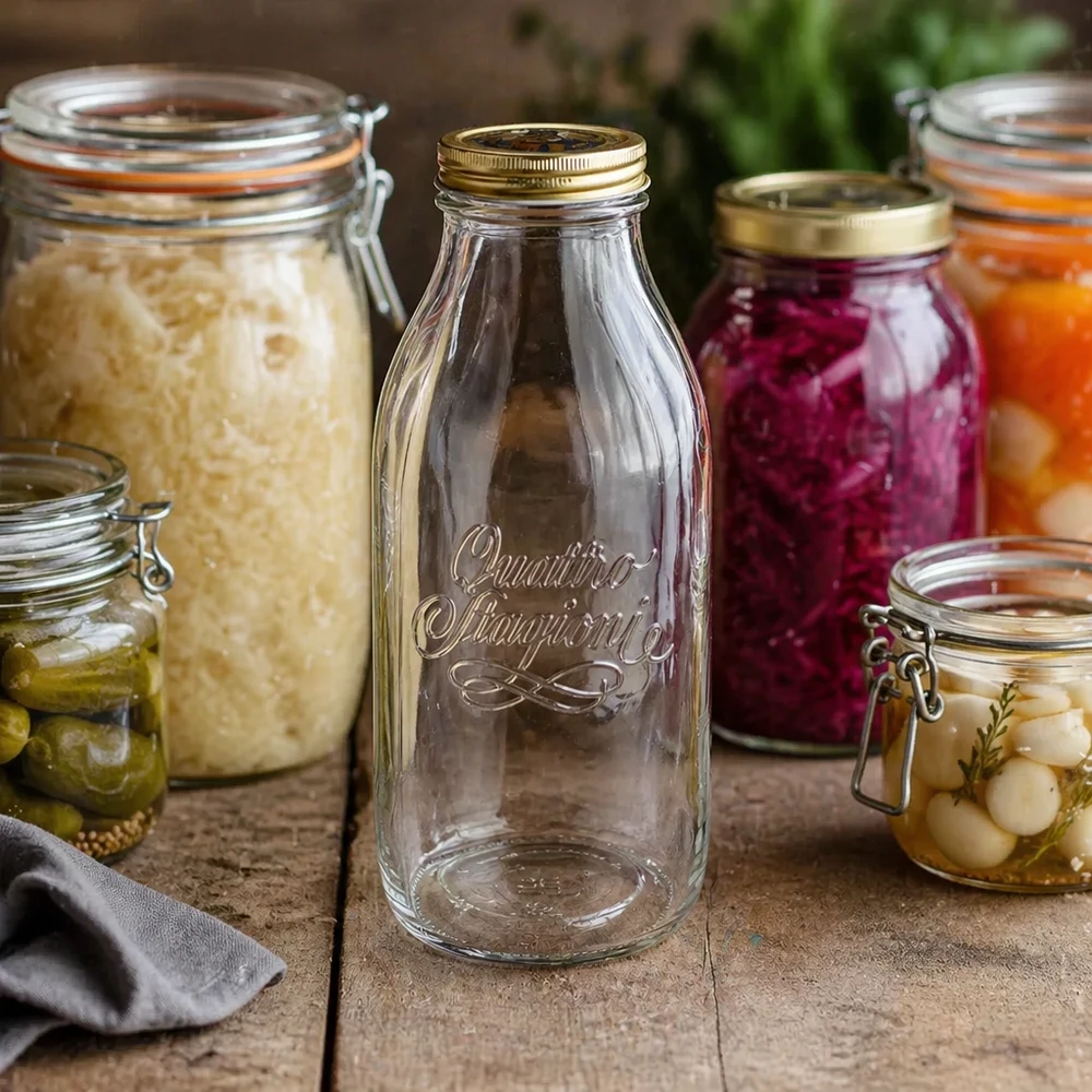 1000 ml glasflaske "Quattro Stagioni" med låg Quattro Stagioni 1000 ml glasflaske mellem konserveringsglas med fermenterede grøntsager og syltede fødevarer