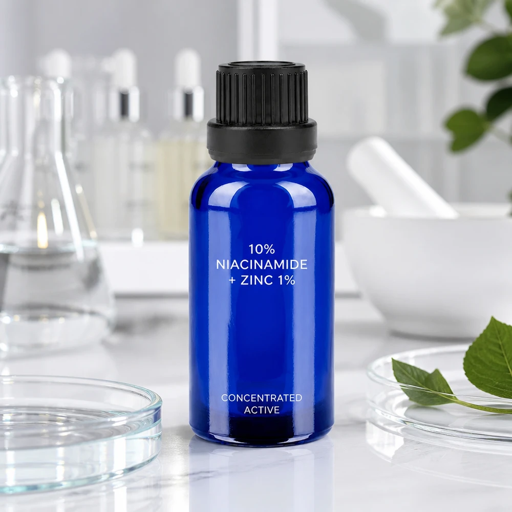 20 ml flaske 11 mm SV sort OV BlueLine UT18/20 Lille 20 ml glasflaske med sort hætte, ideel til niacinamidserum og aktive ingredienser
