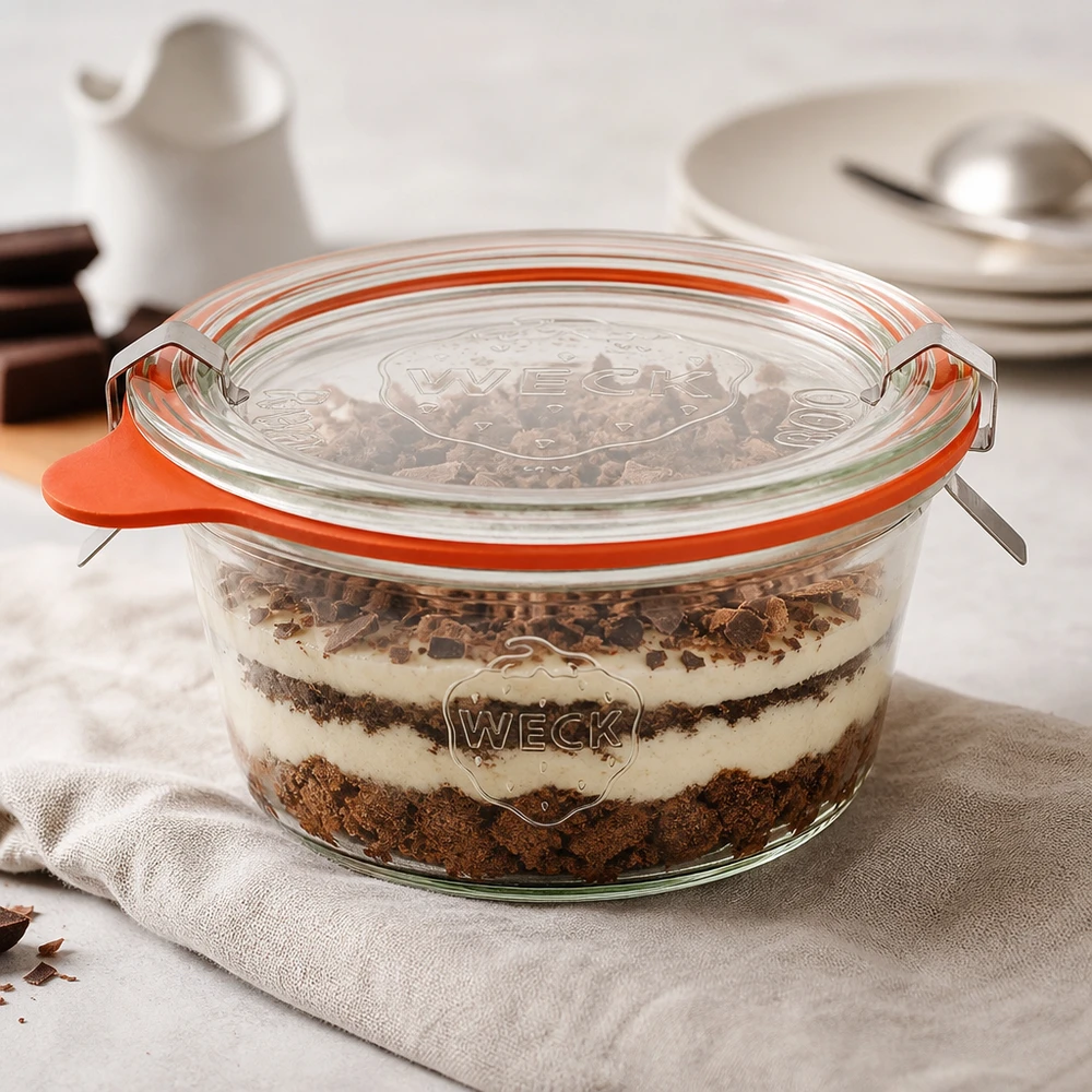 290 ml Briller lav komplet WECK RR100 WECK-bægre 290 ml RR100 fyldt med lagdelt dessert Tiramisu viser alsidig brug som dessertglas
