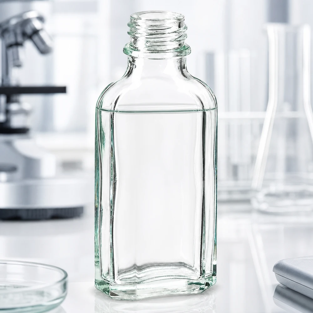Tom 50 ml Meplat-flaske, gennemsigtig, med skruelåg DIN22, i laboratoriet