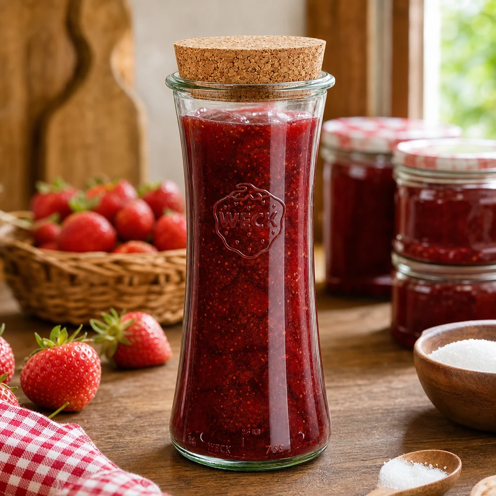 WECK RR80 syltetøjsglas 700 ml med korklåg fyldt med jordbærmarmelade på træbord ved siden af friske jordbær