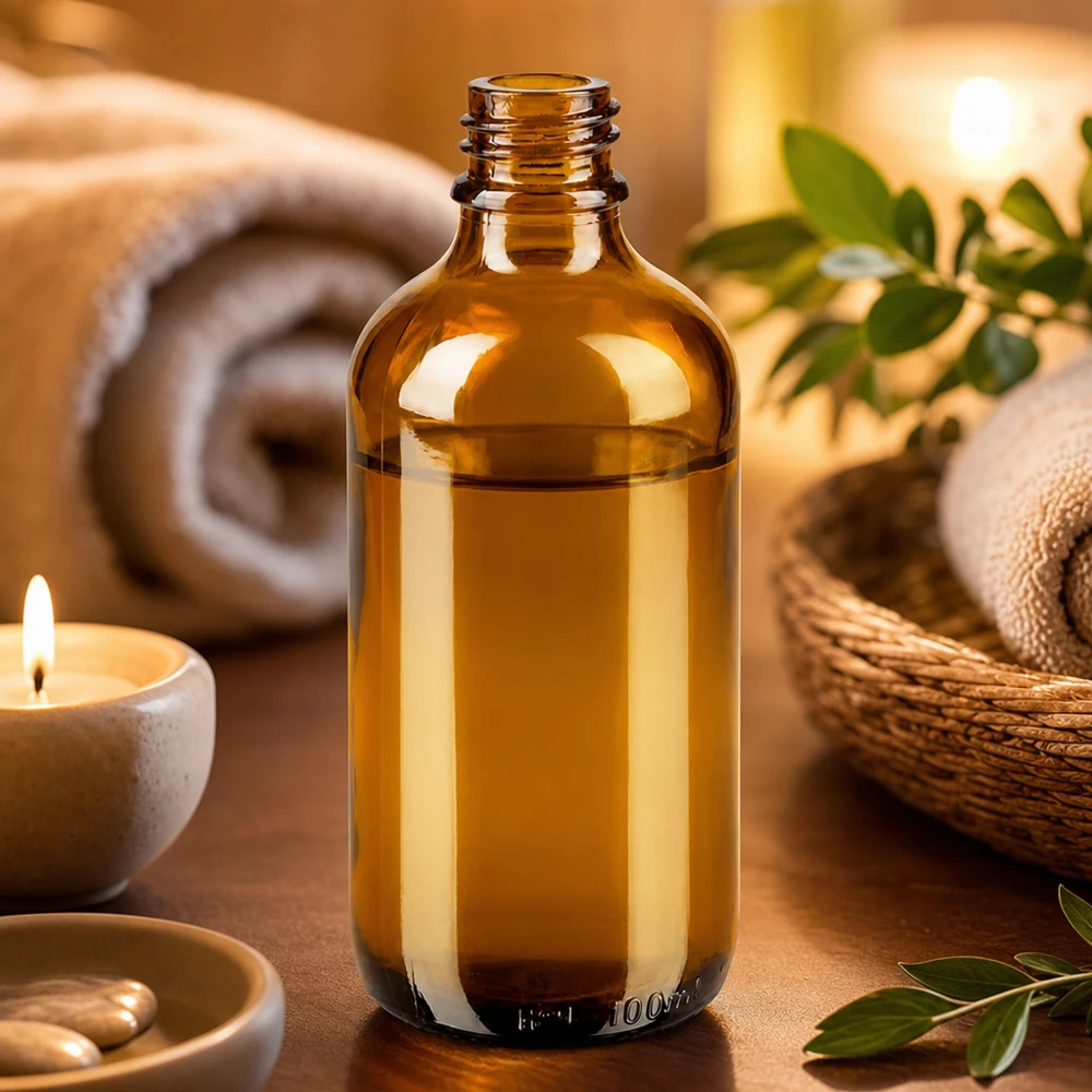 100 ml brun Apoteksflaske ApoGlas Brun 100 ml ApoGlas-apoteksflaske i en varm wellness-atmosfære med lysende håndklæder og grønne blade