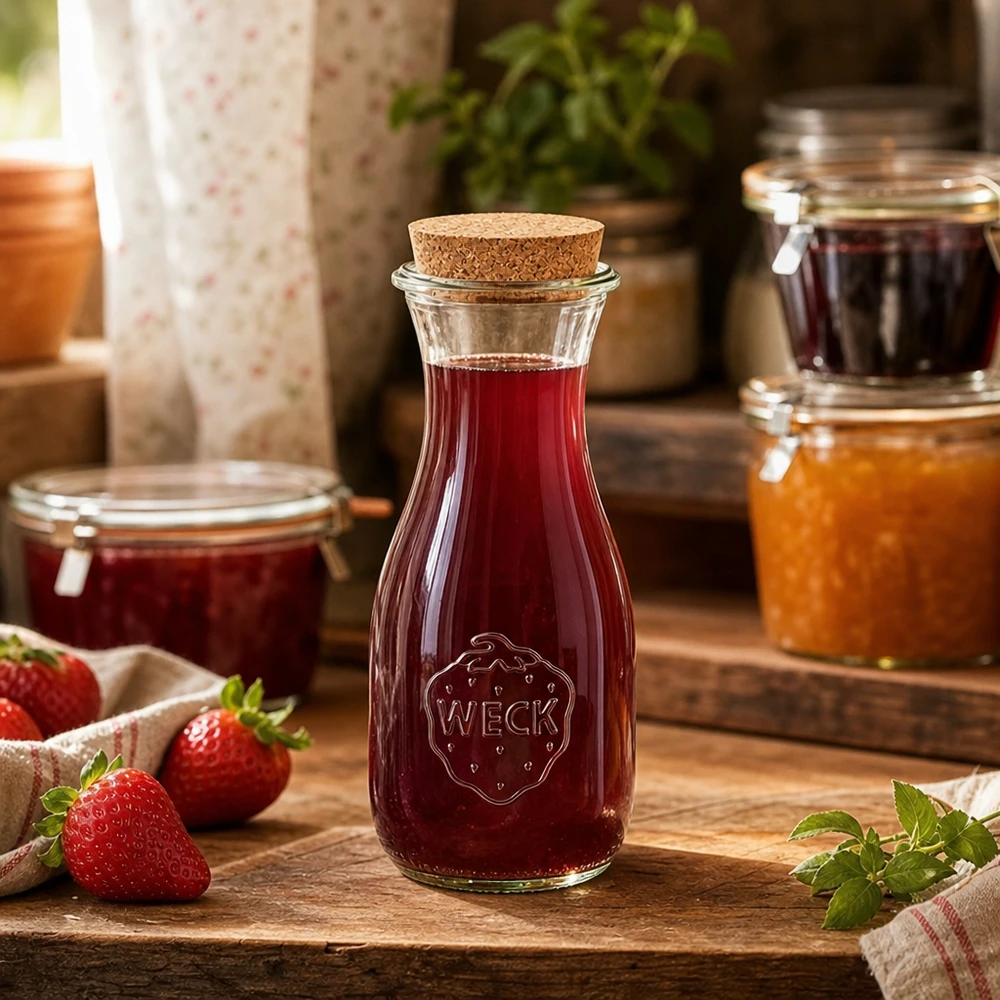 530 ml juiceflaske WECK RR60 med kork natur WECK juiceflaske 530 ml fyldt med rød juice på træbord ved siden af syltetøjsglas og friske jordbær Kitchen