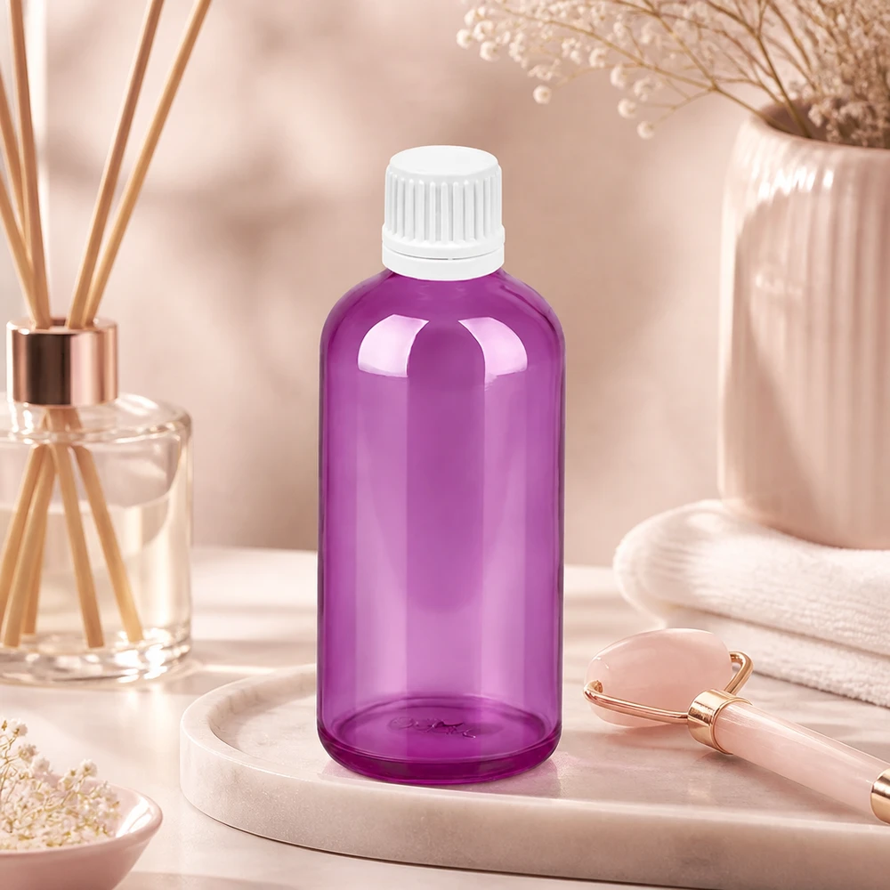 100 ml dråbeflaske 0,7 mm hvid Originality skruelåg PurpleLine UT18/100 100 ml PurpleLine-dråbeflaske i høj kvalitet med UT18-gevind til professionel brug