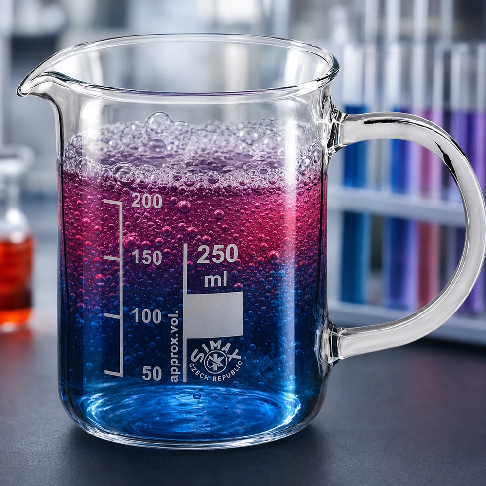 Bæger 250 ml borosilikatglas, med håndtag Et 250 ml bægerglas med hank og en blå-lilla væske med bobler i et laboratoriemiljø