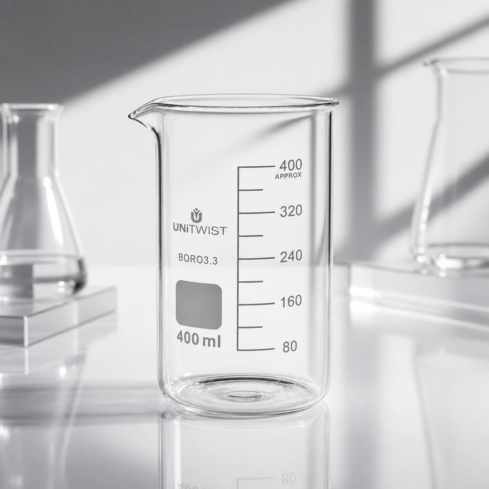 Bægerglas 400 ml borosilikat, høj form UNITWIST Tomt, gennemsigtigt bægerglas, 400 ml, høj form, borosilikat 3.3, med skala fra 80 til 400 ml, UNITWIST