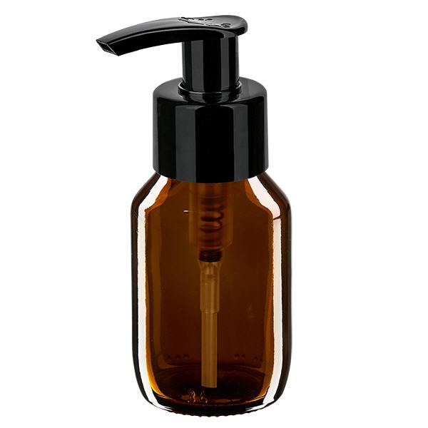 50 ml medicinflaske brun, med dispenserpumpe sort ApoGlas. Farmaceutisk kvalitet fra EU-produktion. 28 mm (PP28) gevind. (sirup, let glasflaske)