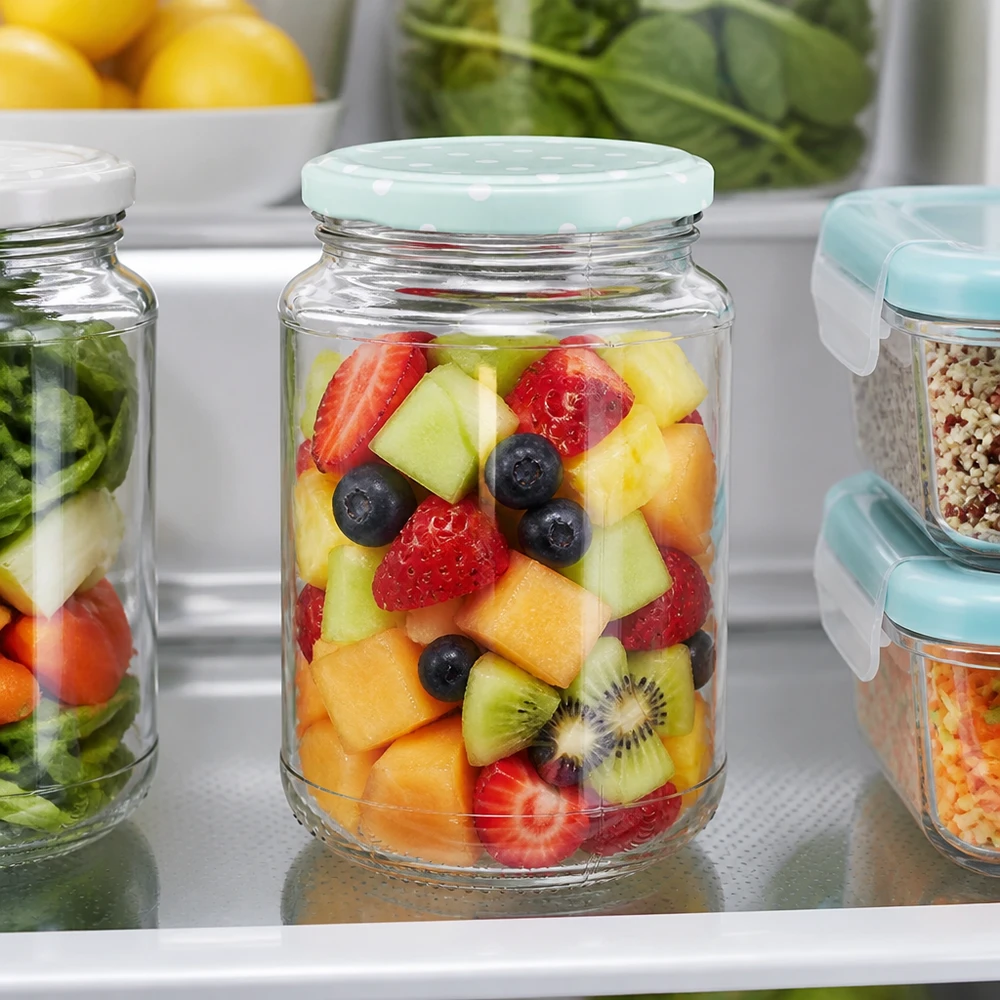 Glas til opbevaring af frisk frugtsalat, 320 ml, UNiTWIST med BasicSeal-låg med prikker i mat mintfarve i køleskabet