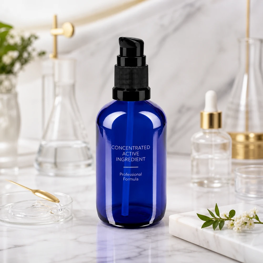 Apoteksflaske blå 100ml pumpehætte sort St Professionel 100 ml pumpeflaske af koboltblåt apotekerglas i laboratoriemiljø med Erlenmeyer-kolbe