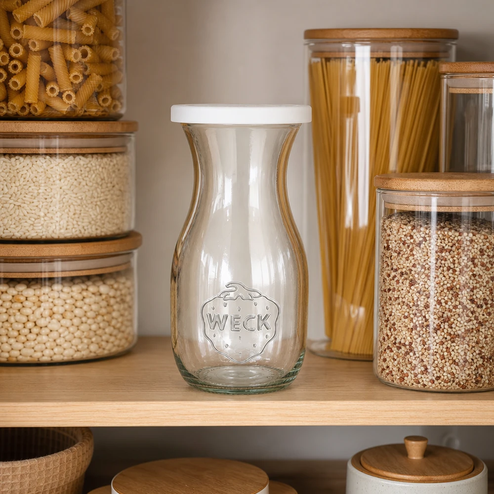290 ml saftflaske med friskhedslåg WECK RR60 WECK 290ml Saftflasche mit Frischedeckel in moderner Küchenorganisation zwischen Vorratsgläsern mit Pasta und Getreide