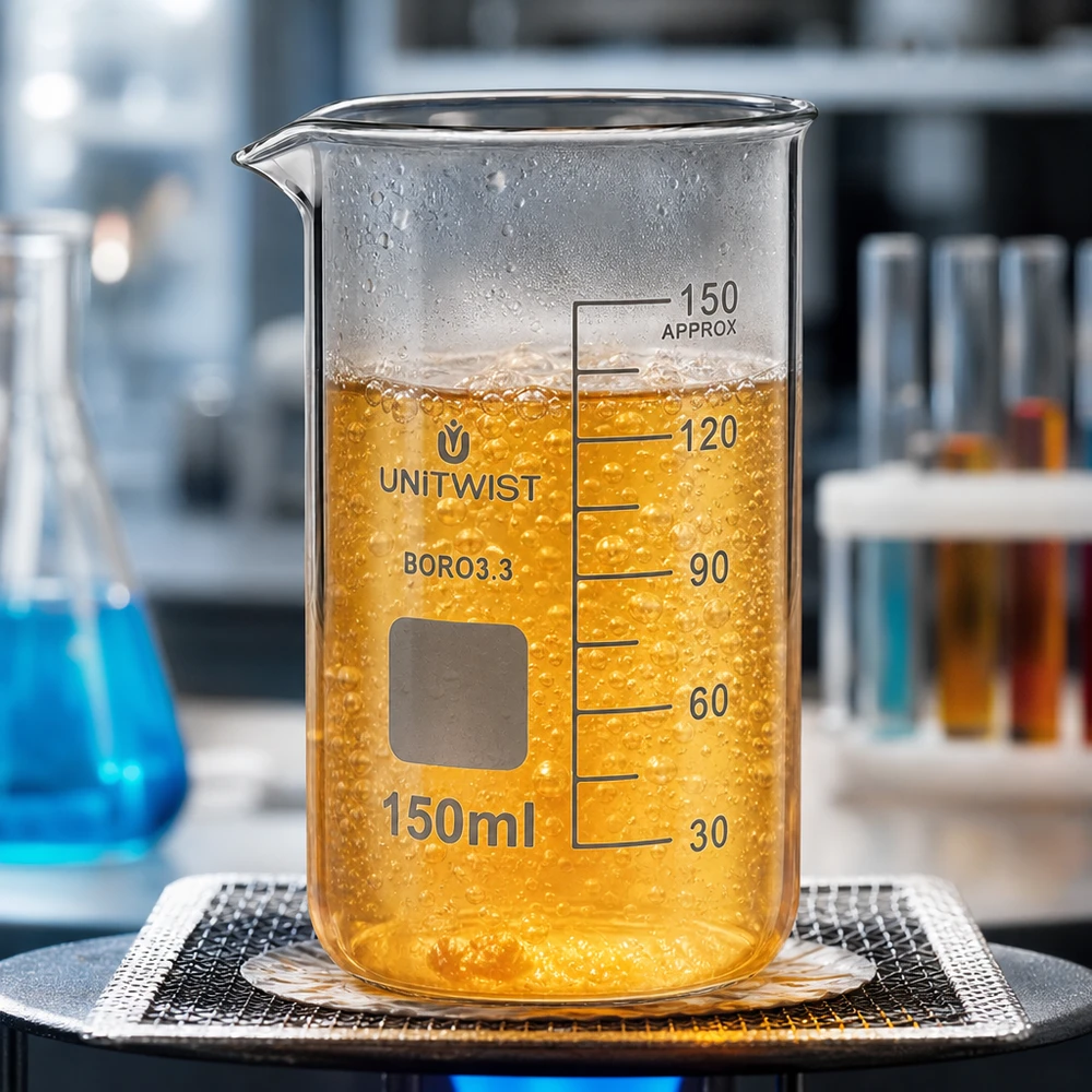 Bæger 150 ml borosilikat, høj form UNITWIST UNITWIST måleglas, 150 ml, høj model, borosilikatglas med kogende orange-gul væske på varmepladen
