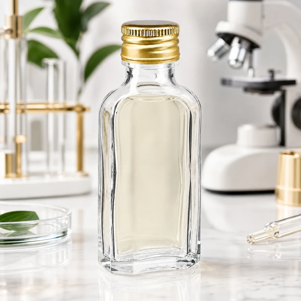 Gennemsigtig Meplat-miniatyrflaske på 50 ml med guldglinsende skruelåg af aluminium (PP22) i et videnskabeligt laboratorium