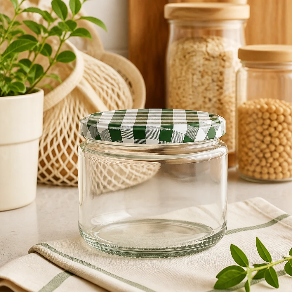 330 ml rund krukke + BasicSeal-låg grøn/hvid UNiTWIST 330 ml rund krukke tom med grønt og hvidt BasicSeal-låg på køkkenbord, opbevaringskrukker og planter i baggrunden