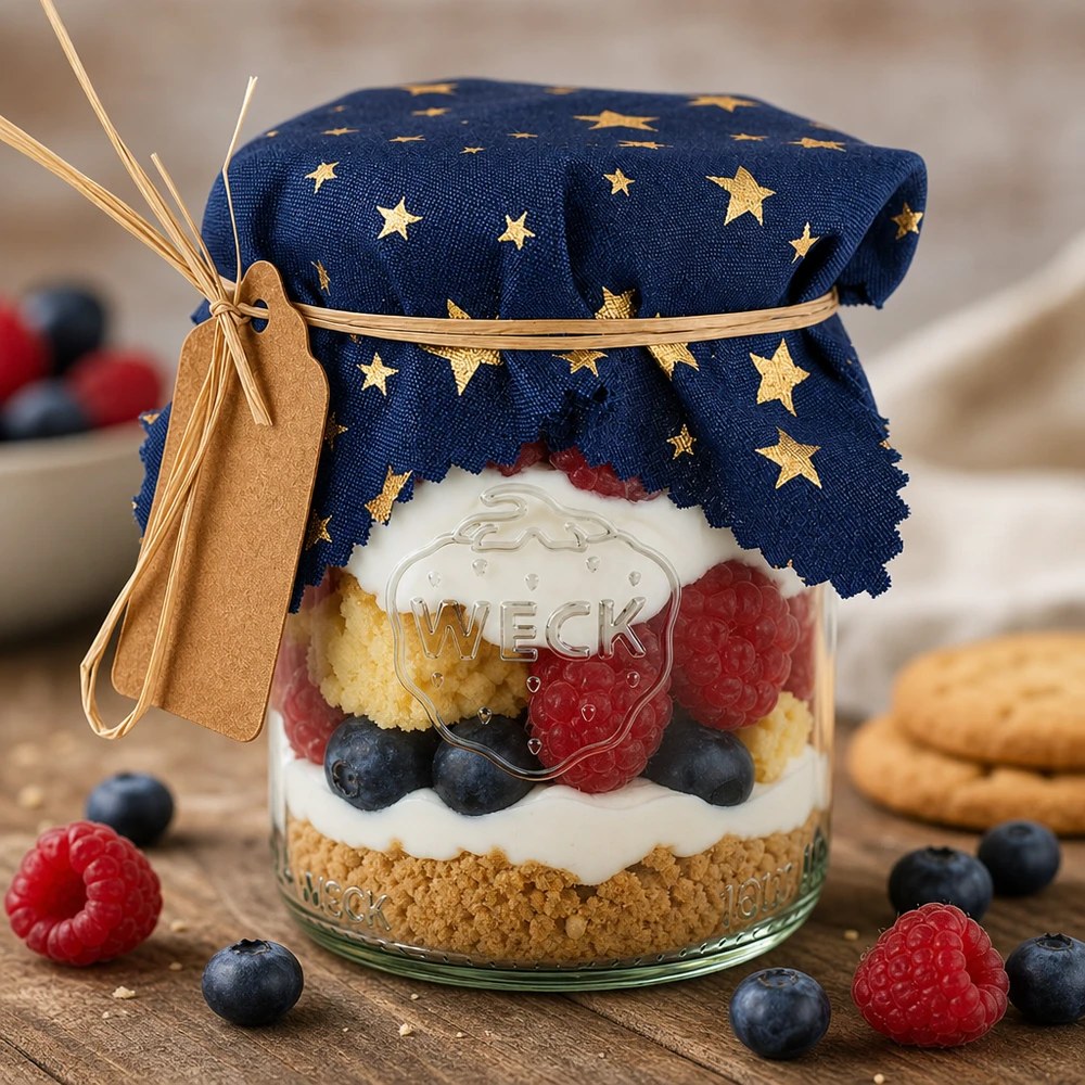 Stofdækkeserviet stjerner blå 120x120mm firkantet Dessert im Glas mit blauem Sternen-Stoffdeckchen, Beeren-Trifle dekorativ abgedeckt, festliche Präsentation für Gäste