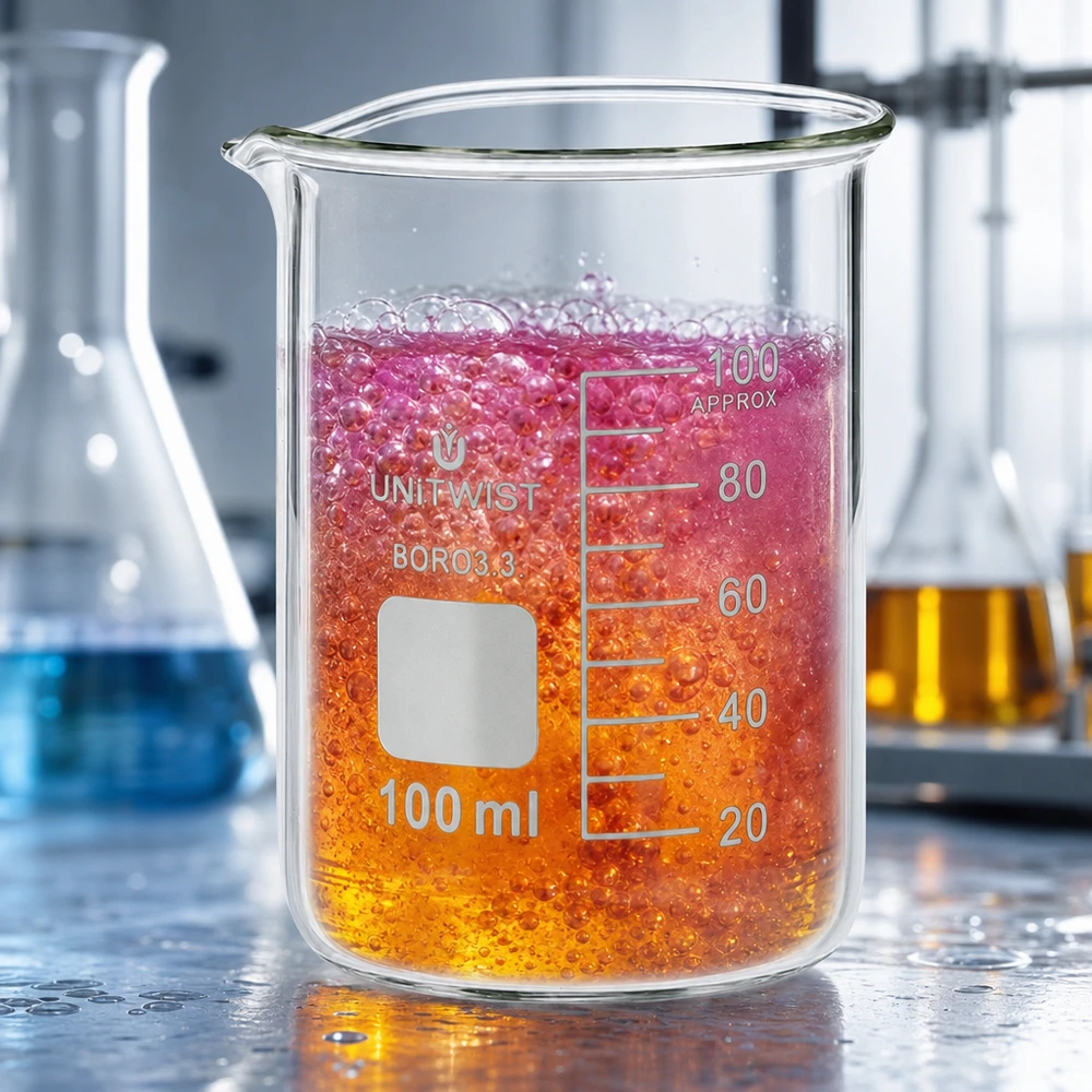 Bæger 100 ml borosilikat, lav form UNiTWIST 100 ml bægerglas, lavt, med orange-lyserød reaktionsvæske og bobledannelse UNiTWIST