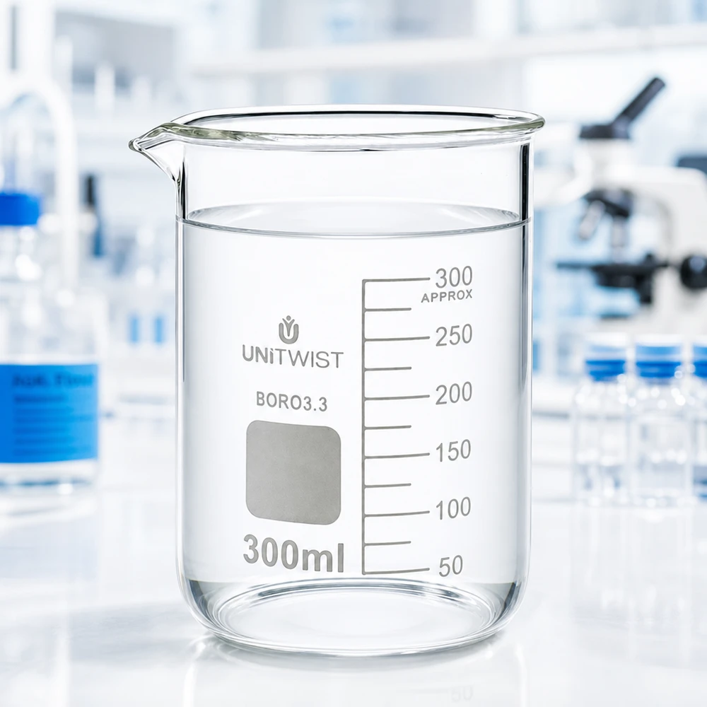 Bæger 300 ml borosilikat, lav form UNiTWIST Laboratoriefoto af UNiTWIST-bægerglas, 300 ml, borosilikatglas, lavt design, med måleskala i baggrunden, mikroskop