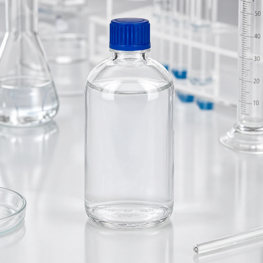 100 ml flaske 11 mm SV blå STD ClearLine UT18/100 Laboratoriekvalitet: 100 ml klar glasflaske ClearLine UT18 med blå prop på 11 mm til kemikalier