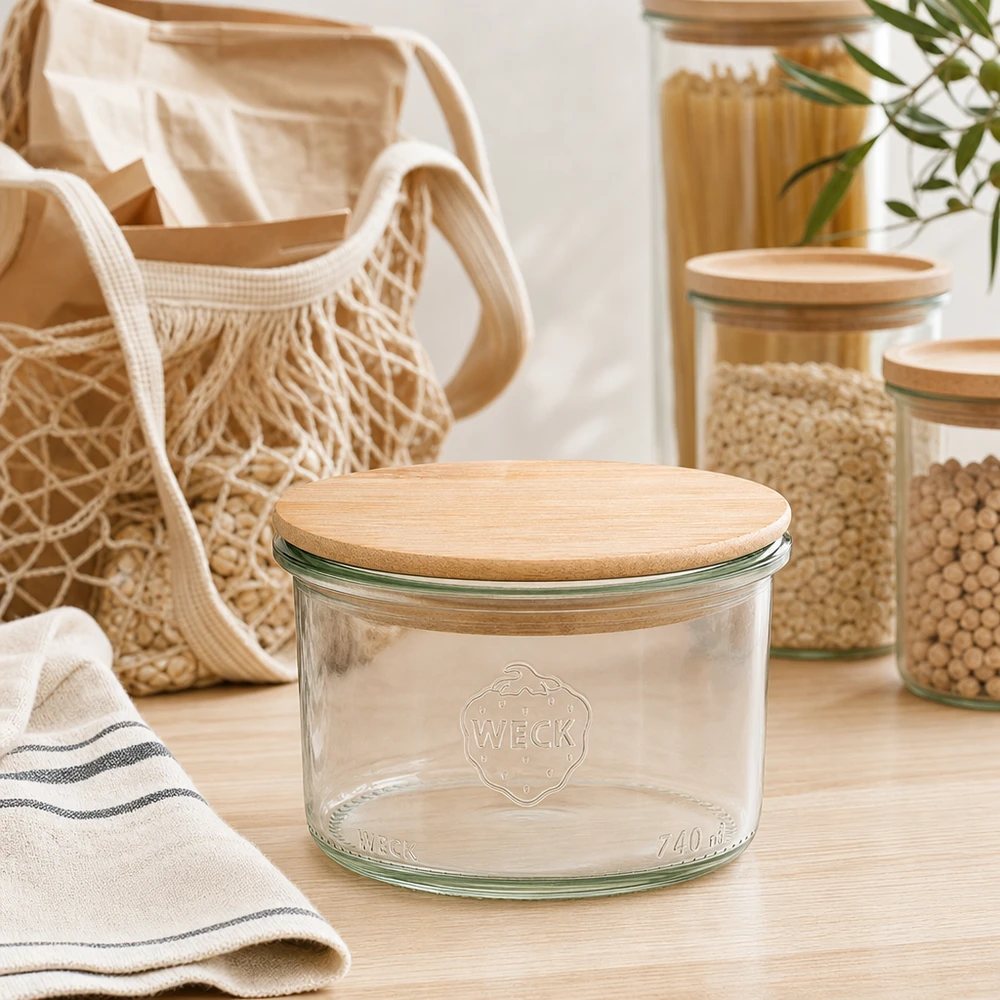 200 ml Briller WECK RR80 med trælåg WECK Sturzglas 200ml mit Holzdeckel in moderner Zero-Waste Küche mit Vorratsgläsern und nachhaltigen Textilien