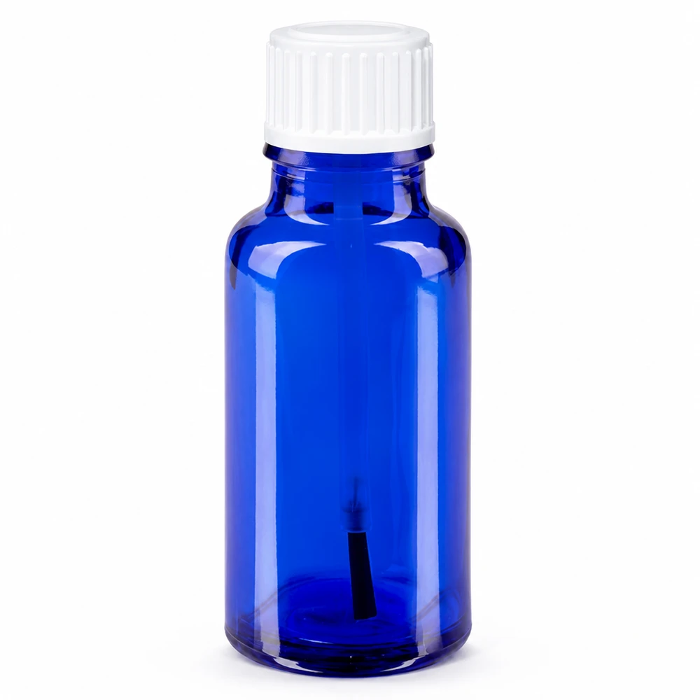 20 ml blå apotekerflaske af glas med hvid skruelåg