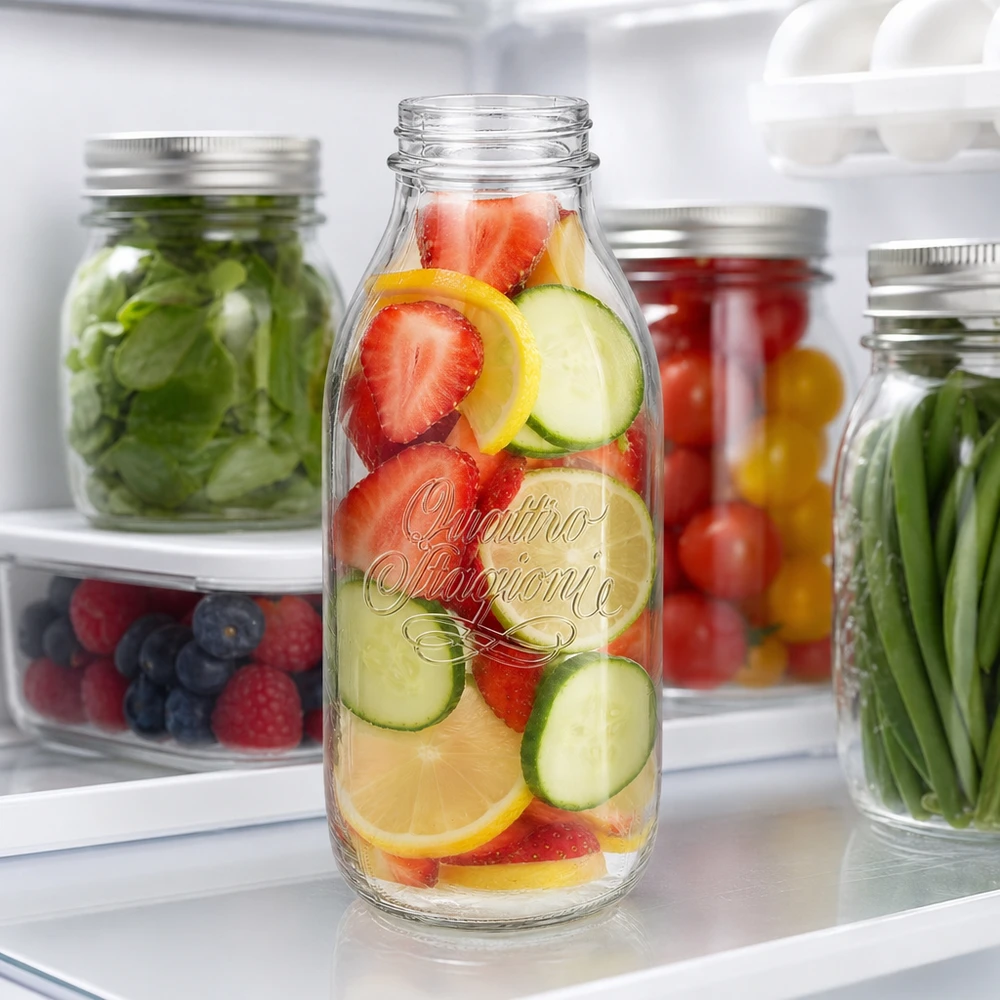 1000 ml flaske med bred hals "Quattro Stagioni" Quattro Stagioni 1000ml Weithalsflasche mit Obst und Gemüse im Kühlschrank für Infused Water und Meal Prep