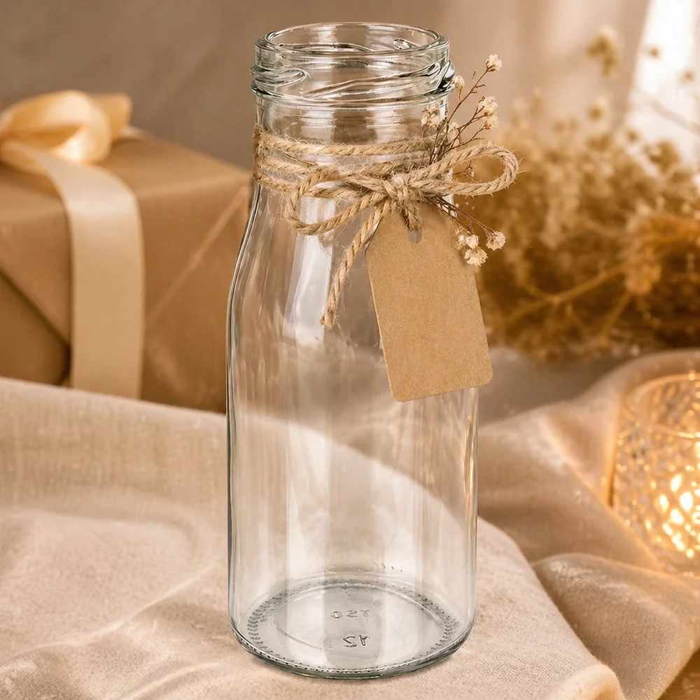 UNiTWIST Bottle150 - Flaske med indhold 150 ml TO43 UNiTWIST Bottle150 Glasflaske 150ml TO43 tråd tom med jutesnor og vedhæng rustik dekoration