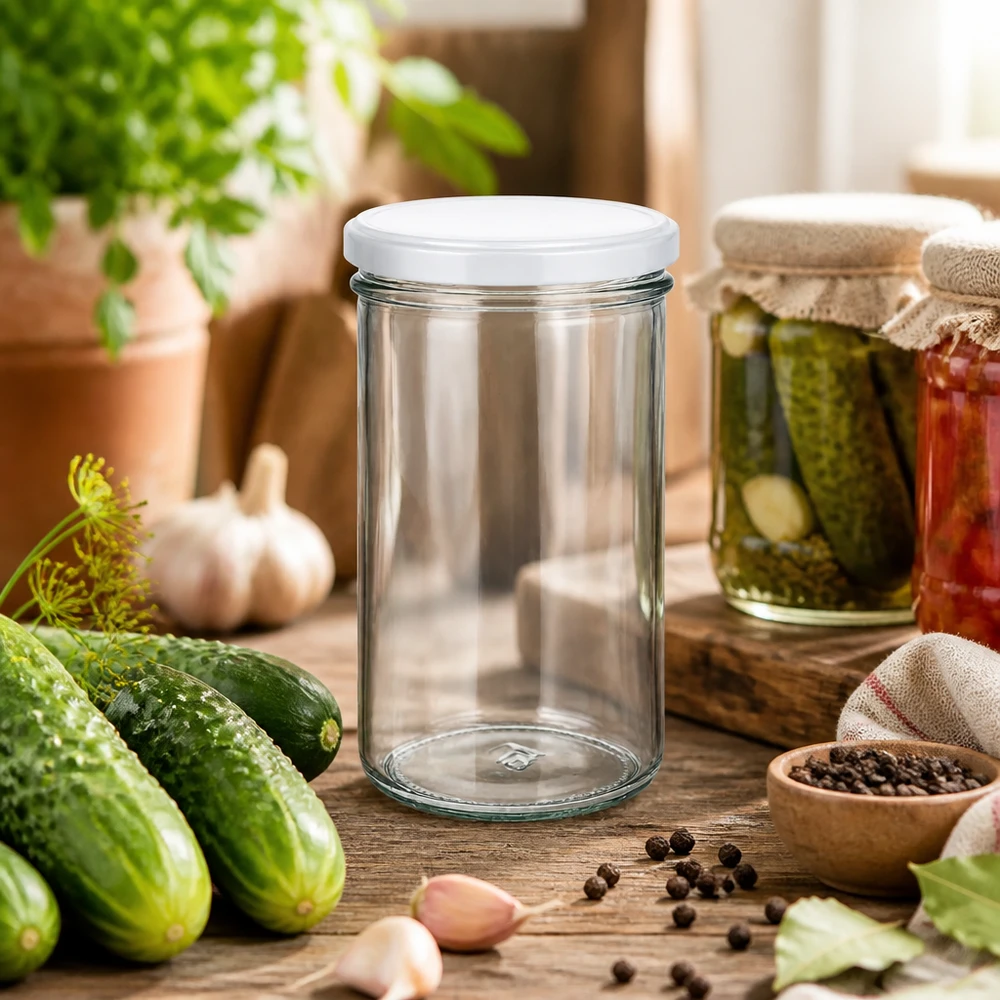 277 ml Briller med BasicSeal-låg hvid UNiTWIST 277ml Sturzglas in rustikaler Küchenszene mit Gurken und Gewürzen - vielseitiges Einmachglas für Pickles